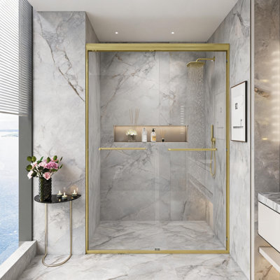 Porte de douche coulissante double semi-encadrée, fini or brossé, largeur 112 à 122 cm, hauteur 183 cm et verre trempé de 6 mm.