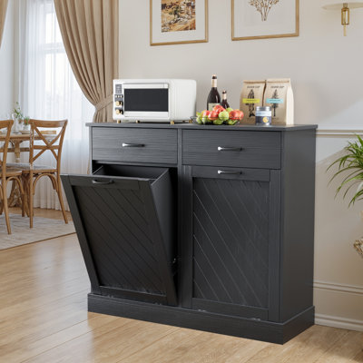 Armoire à poubelle cachée à double basculement 2 x 15 gallons, armoire à poubelle de cuisine cachée avec tiroir de rangement, armoire à déchets en bois résistante aux animaux de compagnie pour la cuisine, la buanderie et le salon, noir