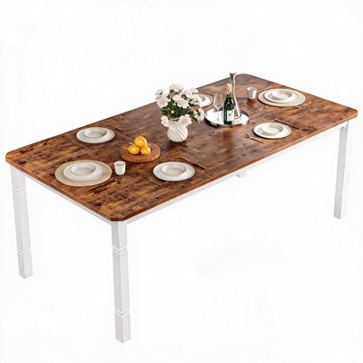 71 Inch Cut Corner Rectangular Dining Table with Antique Wood Look MDF Top and White Metal Legs for Family Dining Room Kitchen Apartment Home Office Dinner Parties and Holiday Gatherings