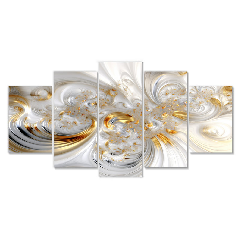 «Whirling River Dynamics Gold and White II - Abstract Spirals», art mural pour le salon, 5 pièces, H 32 po x l 60 po