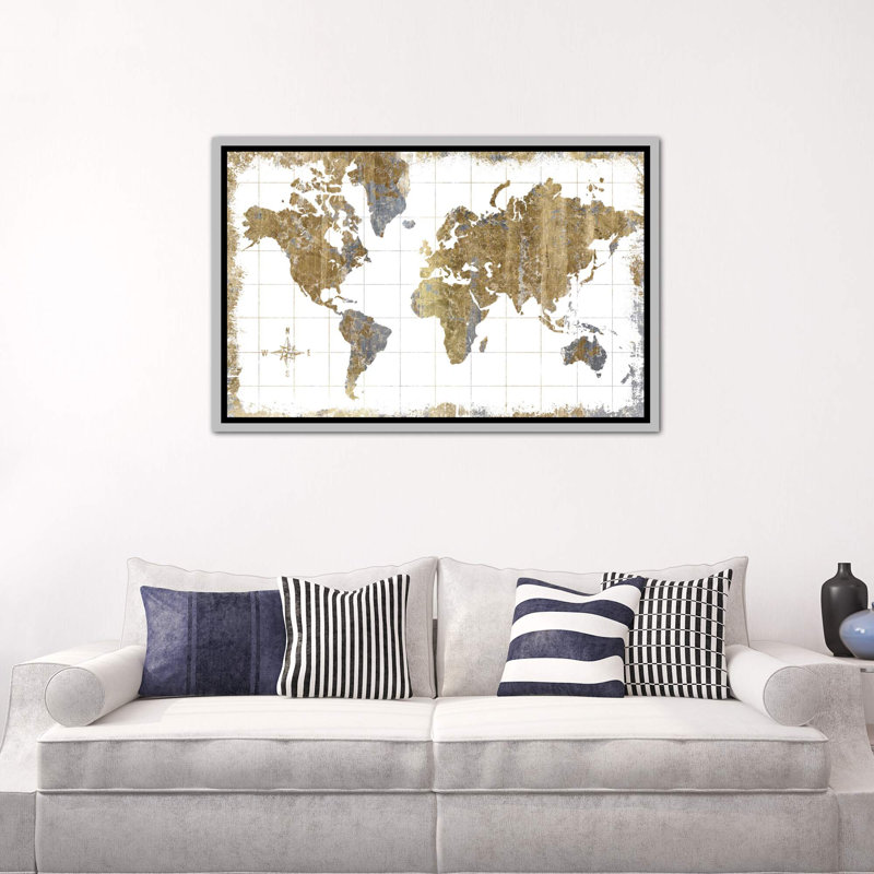 Carte dorée - impression d'art graphique, H 18 po x l 26 po x P 1,5 po, Toile avec cadre argenté