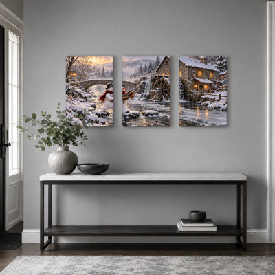 " Snowman Carrying Firewood by Stone Christmas " 3 Piece Art