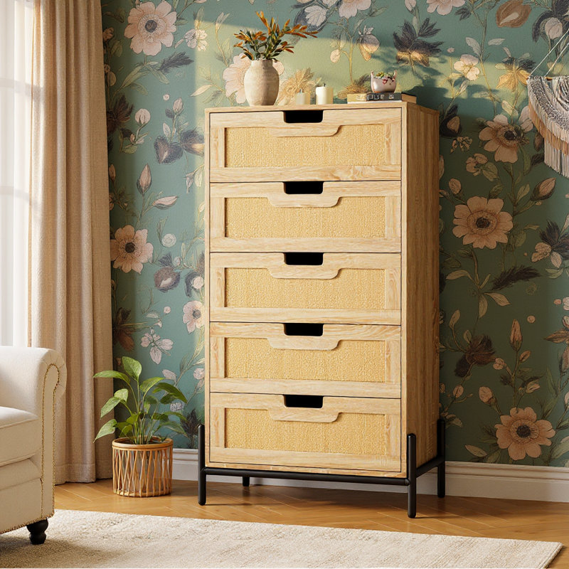 Modern Dresser, 5-Drawer Tall Storage Unit For Bedroom, Living Room, Hallway, And Office, Ivory