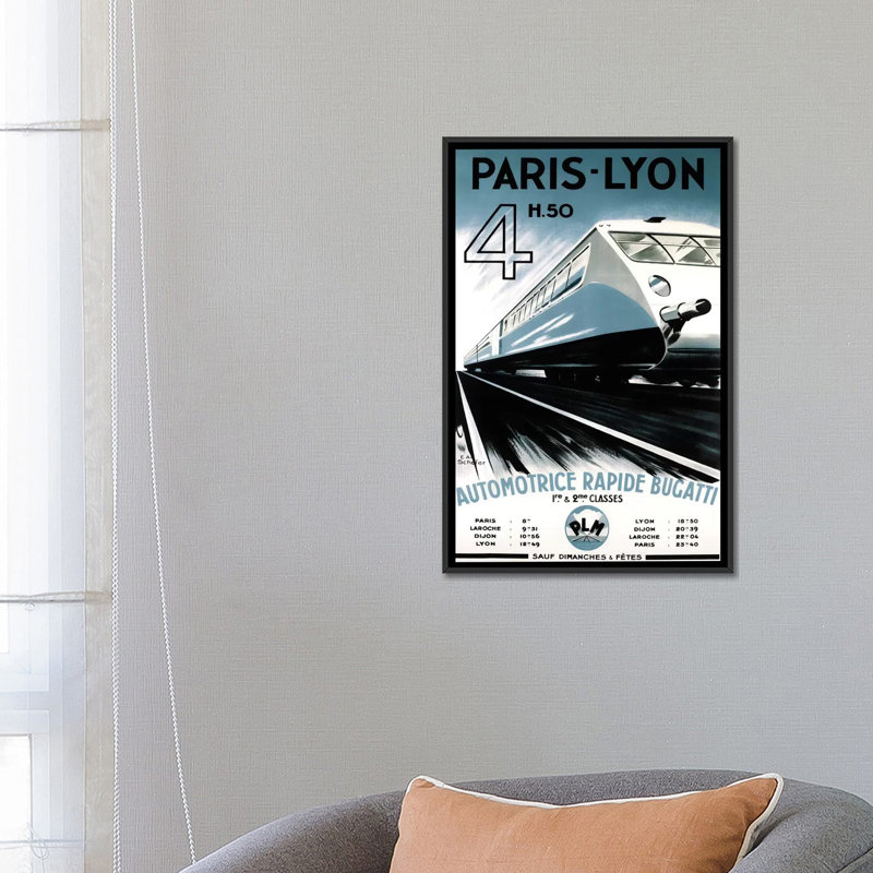 « paris-lyon train », affiche rétro sur toile, H 26 po x l 18 po x P 1,5 po, Toile avec cadre noir, Pas de tapis