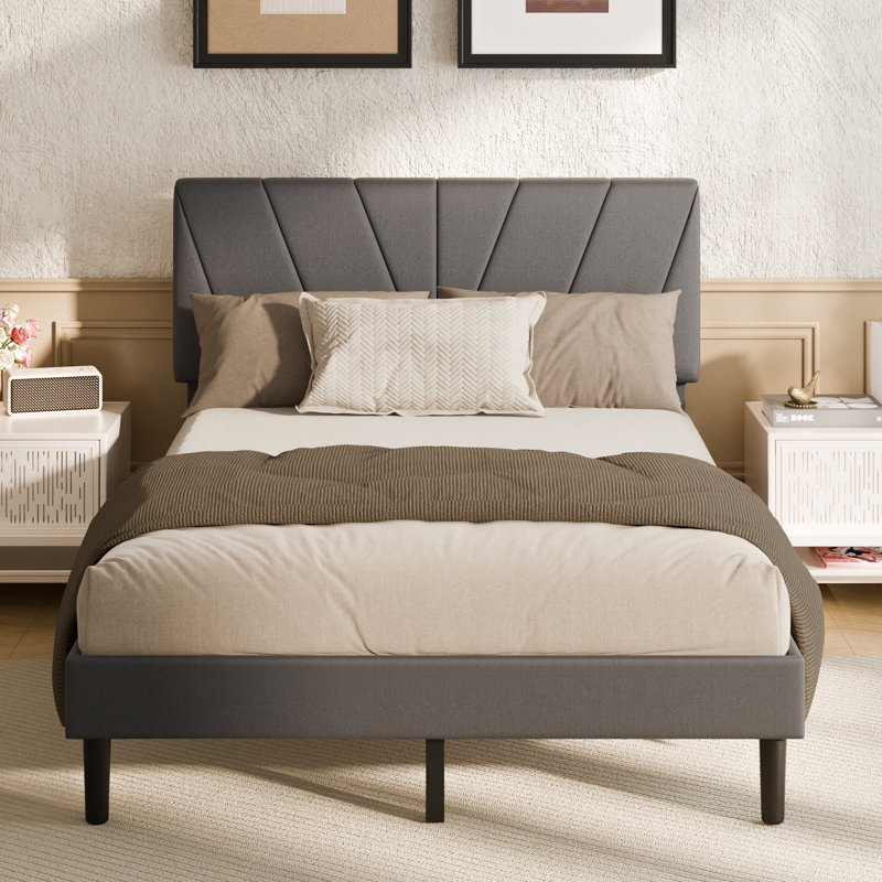 Structure de lit avec tête de lit tapissier réglable, espace de rangement sous le lit, Double