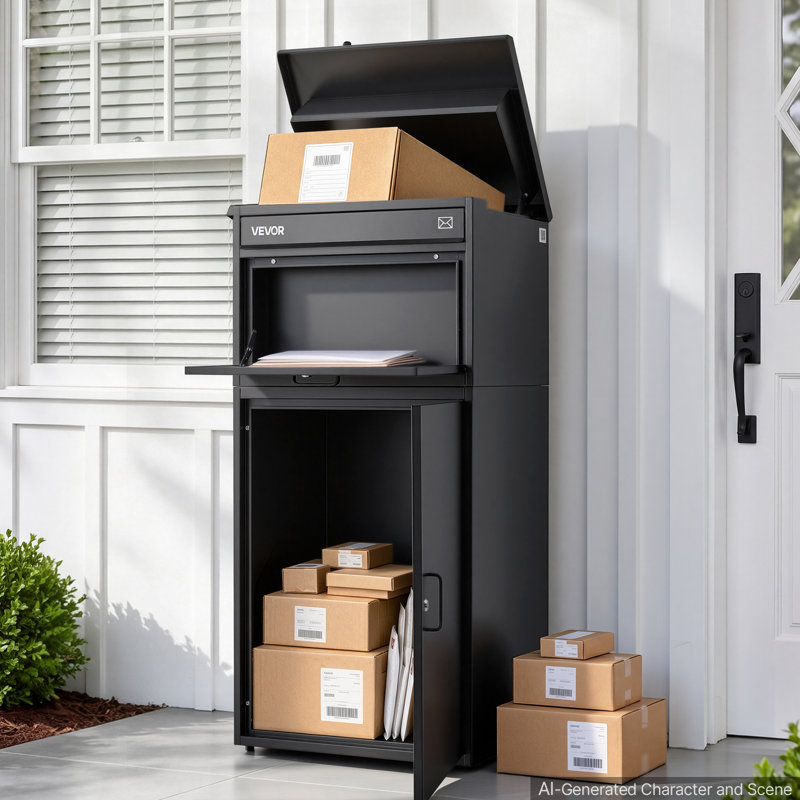 Package Delivery Box for Outside 43.31 in Large Metal Parcel Drop Box, for Porch, Curbside & House Storage, Lockable Anti-Theft Waterproof Weatherproof, Thick Secure Mailbox for Outdoor, Black