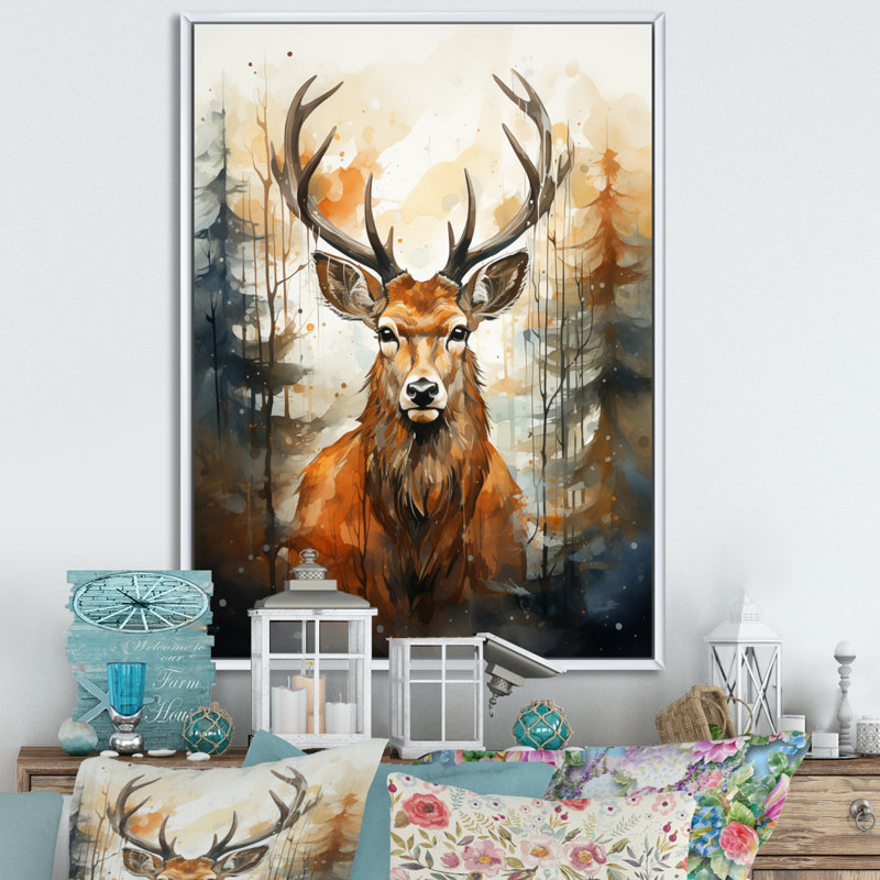 Deer Wonderers V sur toile, Cadre flottant blanc, H 32 po x l 16 po x P 1 po