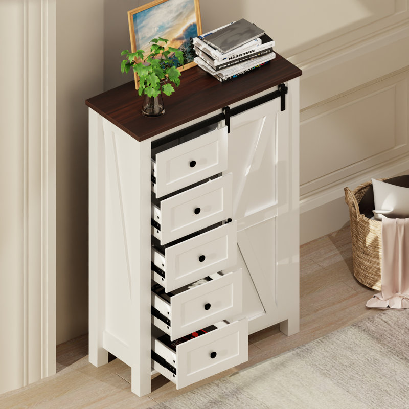 Commode de rangement à 5 tiroirs Farmhouse avec portes de grange