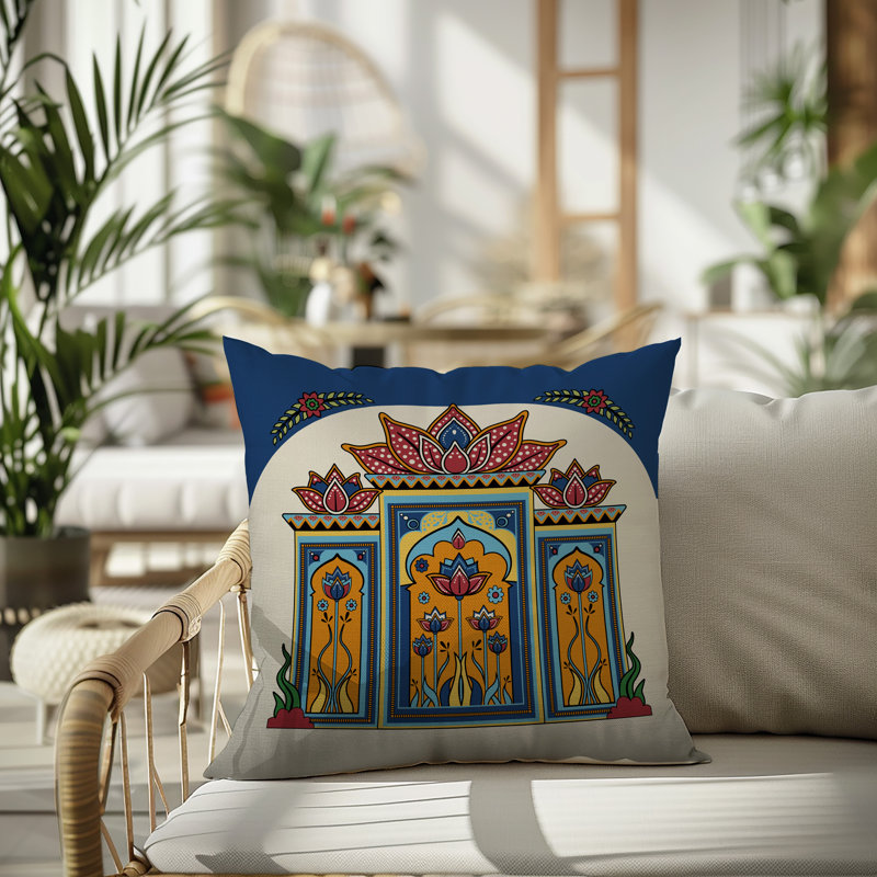 Coussin intérieur / extérieur Kimaya Lotus Arch, Bleu / rouge / orange / jaune, Carré 19 po
