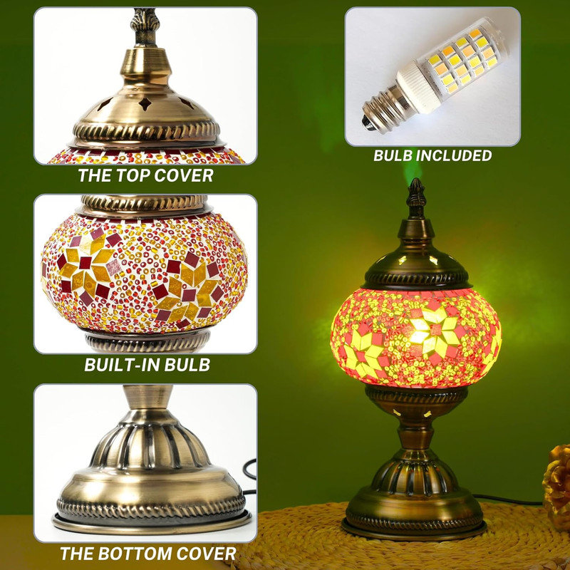 Turkish Moroccan Mosaic Table Lamp, Handmade Glass Bedside Night Light, Metal Base, Decorative Lantern for Bedroom, Living Room - Bulb Included