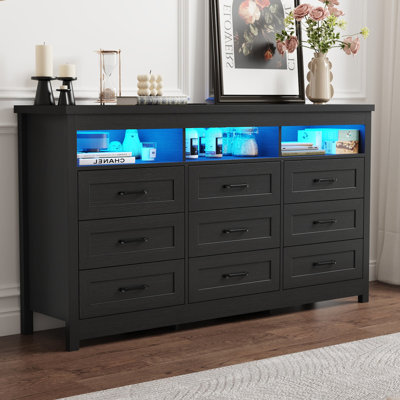 Karlea 63" Farmhouse 9 Drawer Dresser,Long Dresser TV Stand With LED Lights & Charging Station,Chest Of Drawers