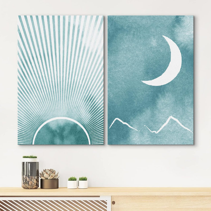 Aquarelle, rayons du soleil brillants et croissant de lune, art abstrait sur toile, 2 pièces, H 24 po x l 32 po x P 1,5 po