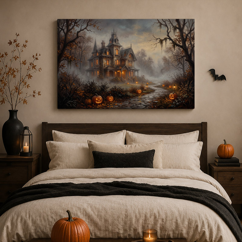 Manoir victorien hanté avec citrouilles illuminées sur une toile murale d'Halloween, 12"H x 18"W