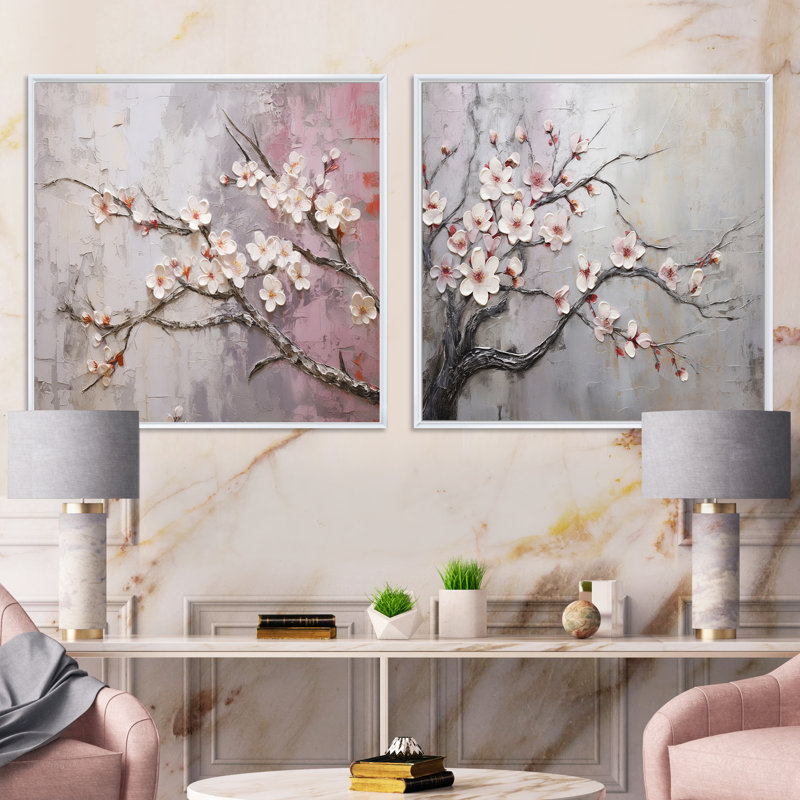 Pomme Blossom Harmony - ensemble de collage floral carré de 2, Cadre flottant blanc, H 36 po x l 73 po