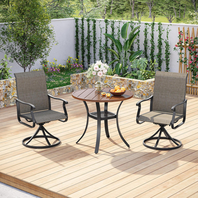 Round Patio Dining Set, Bois brossé brun / noir / brun