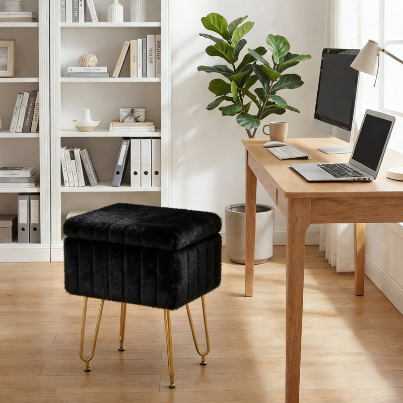 Tabouret de coiffeuse moderne avec 4 pieds en métal et rangement, repose-pieds multi-usage pour chambre de maquillage, Noir