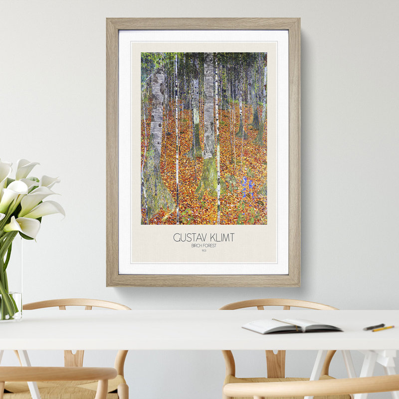 Birch Forest with Border by Gustav Klimt - Picture Frame Painting on MDF, 36cm H x 27cm W x 2cm D, Oak Framed