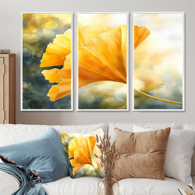 Golden Ginkgo Leaf I - feuilles, art mural - 3 panneaux, H 28 po x l 36 po, Impression encadrée sans passe-partout, Blanc