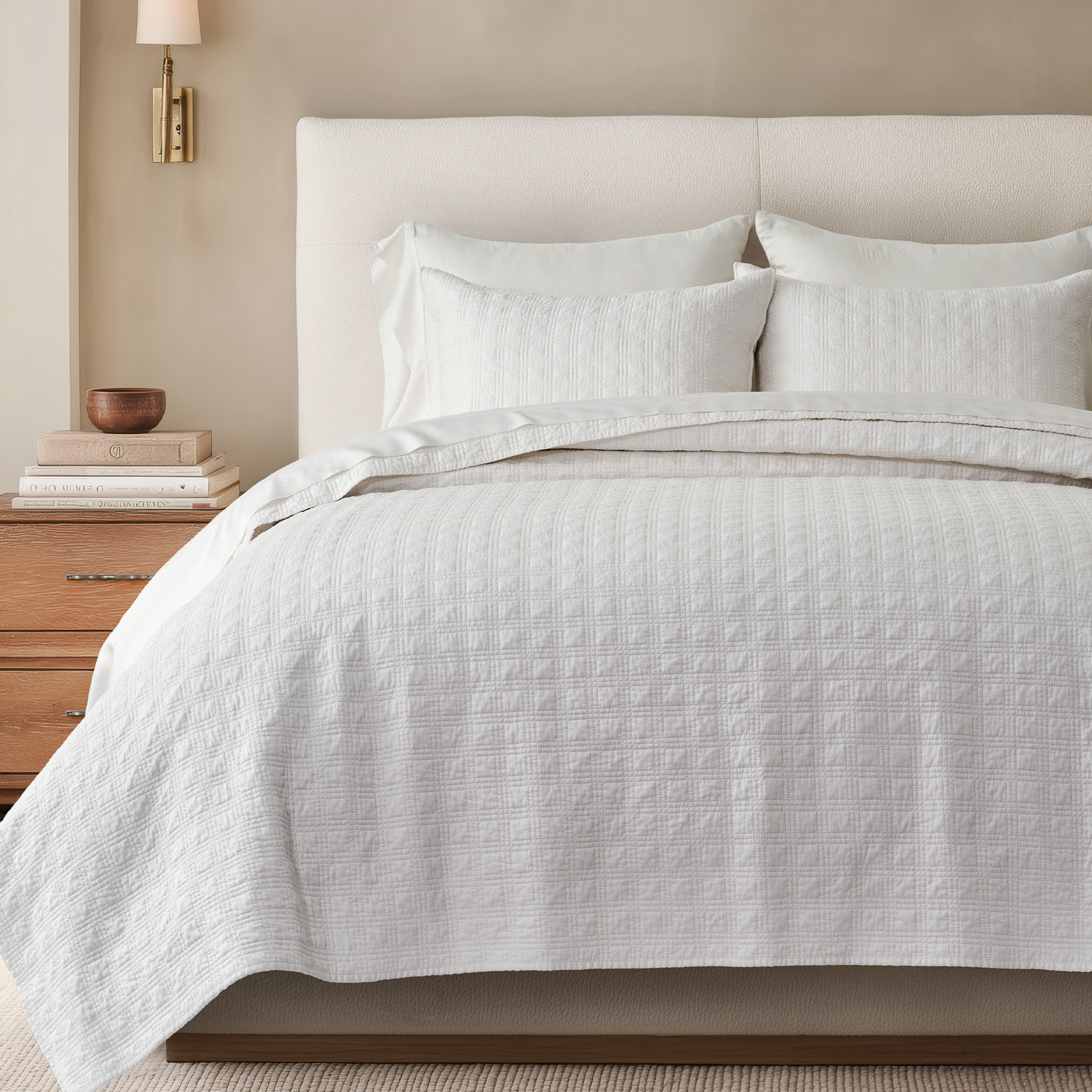Cotton Sateen Quilt Set, King Quilt + 2 King Shams, Bright White