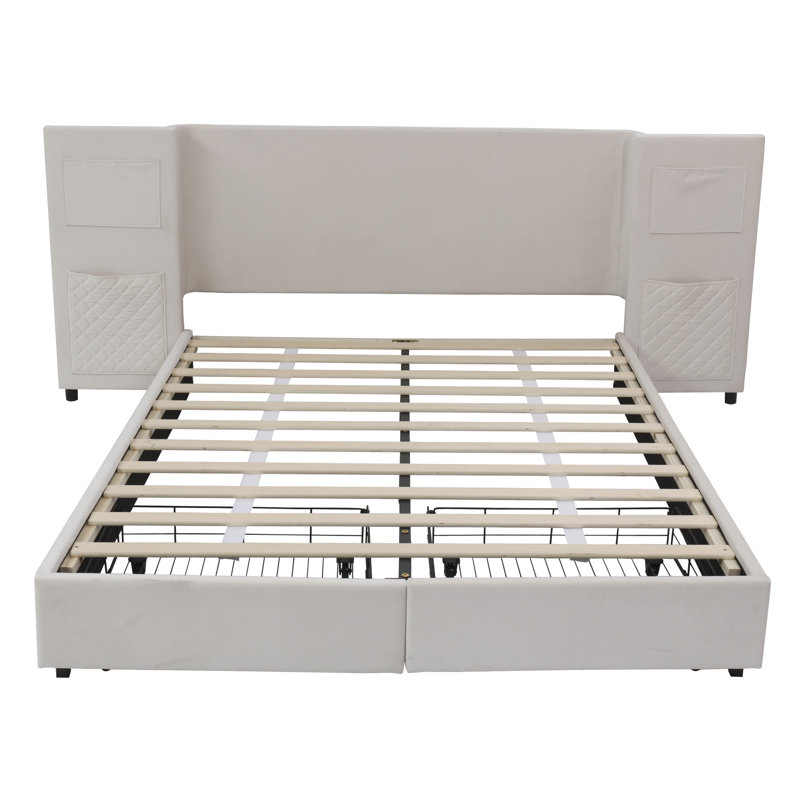 Upholstered Bed With Two Drawers Velvet Beige