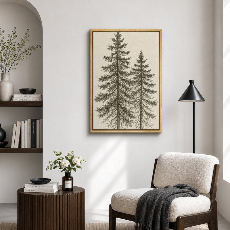 «Tall Pine Trees Classic Botanical Nature Art», reproduction d'art sur toile encadrée, H 24 po x l 16 po, Naturel