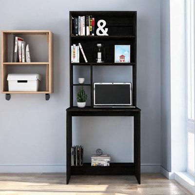 Bureau d'écriture compact avec quatre tablettes et une tablette inférieure, panneau de particules noir profond, 29,6 pouces de largeur