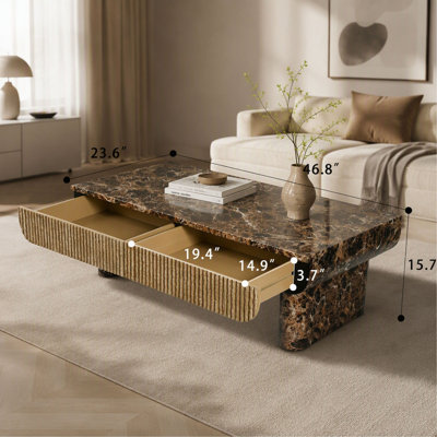 Coffee Table – 47" – Walnut Wood Texture Faux Marble – Rectangular – Fluted Drawer – Contemporary