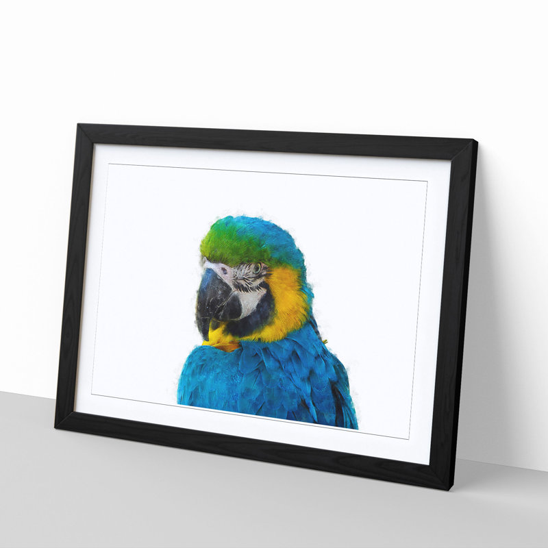 Blue & Yellow Macaw Parrot Painting - Single Picture Frame Print on MDF, 45cm H x 33cm W x 2cm D, Black