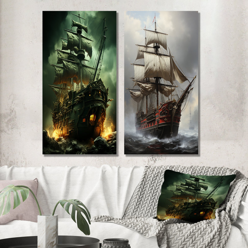 Bateau pirate fantôme I - ensemble d'art mural en métal 2 pièces, H 32 po x l 32 po