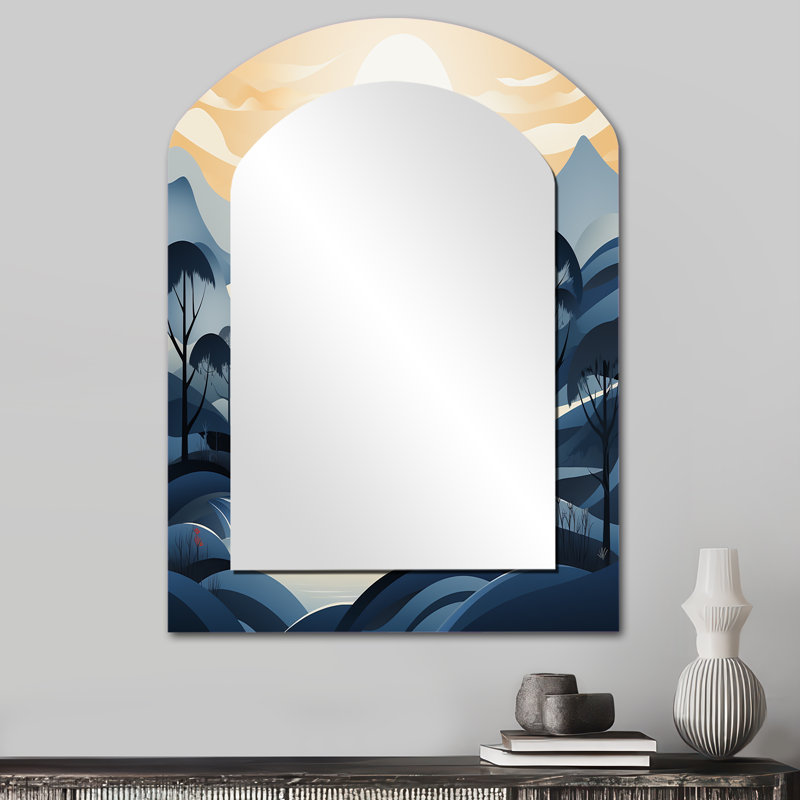 Blue Grey Line Art Landscape - Grand miroir mural arqué sur métal, 34 po x 25 po