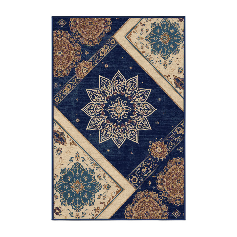 Machine Washable Bensonhurst Classic Oriental Rug in Gray – Navy Binding, 8x10