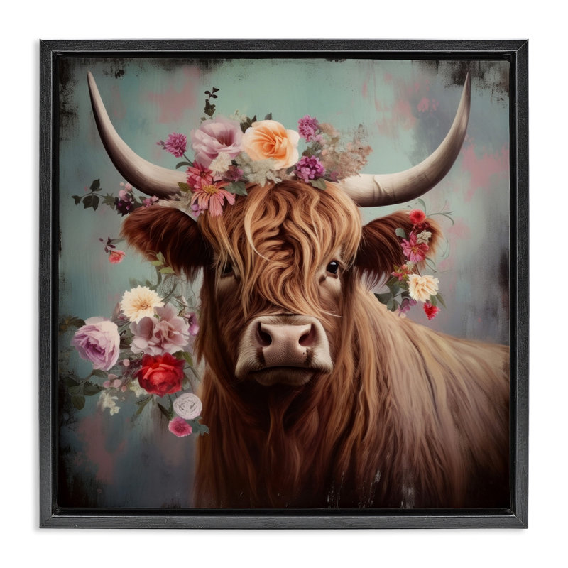 Vache avec fleurs rétro, H 18 po x l 18 po, Cadre flottant noir de jais