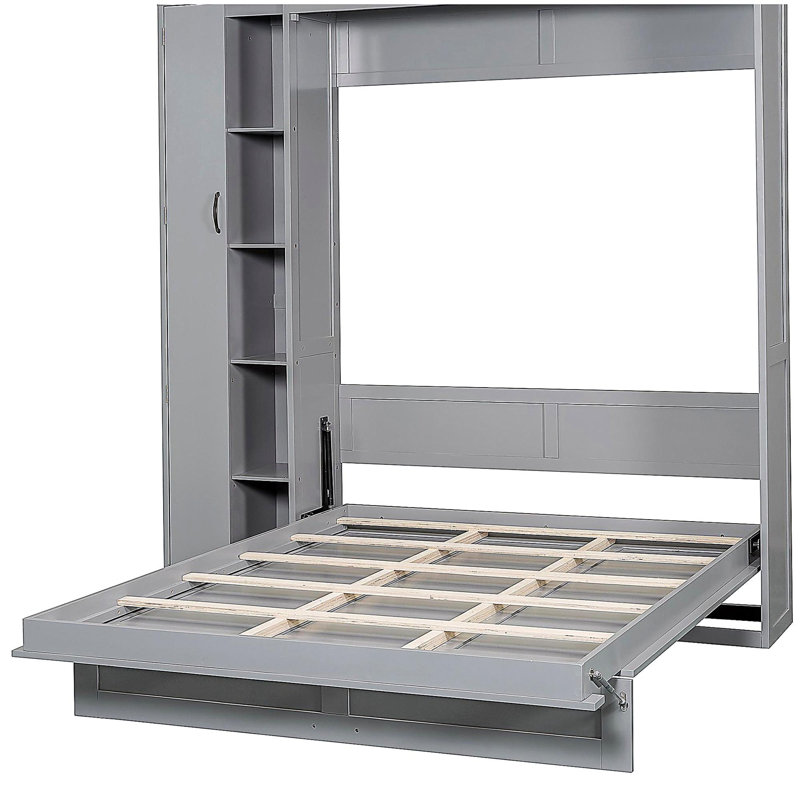 Grand lit escamotable mural avec tablettes, garde-robe et lumières DEL, gris, Gris