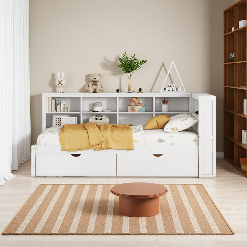 Lit de jour en bois avec 2 tiroirs, Lit simple, Blanc