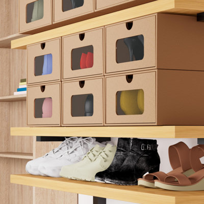 Shoe Storage Bins,Waterproof Storage Boxes, Shoe Containers For Sneaker Display, Hat Organizer, Stack-able Cardboard Boxes, with Marking Labels, Transparent Window(12 Pack /brown)