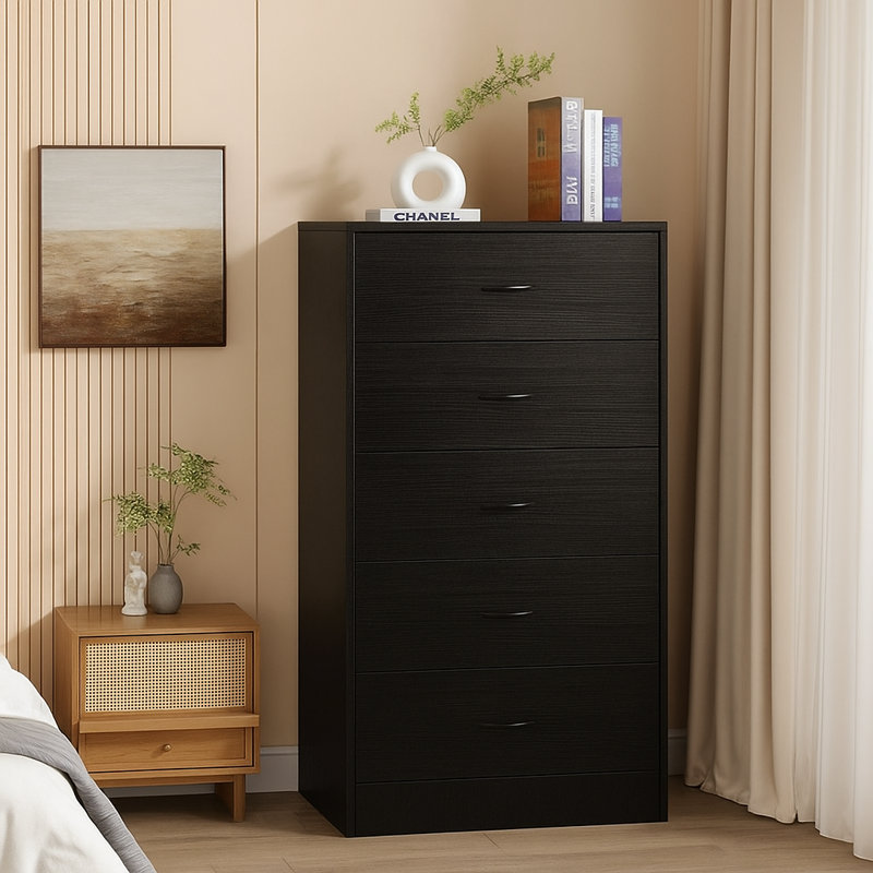 White 5 - Drawer Dresser, Modern Storage Chest for Bedroom or Living Room Organization, Noir