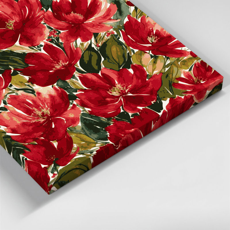 Aquarelle, art floral sur toile rouge, H 16 po x l 16 po