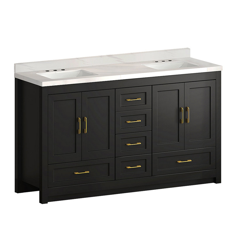 Meuble-lavabo noir 60 po. Armoire de rangement abondante - 4 portes à fermeture douce et 5 tiroirs