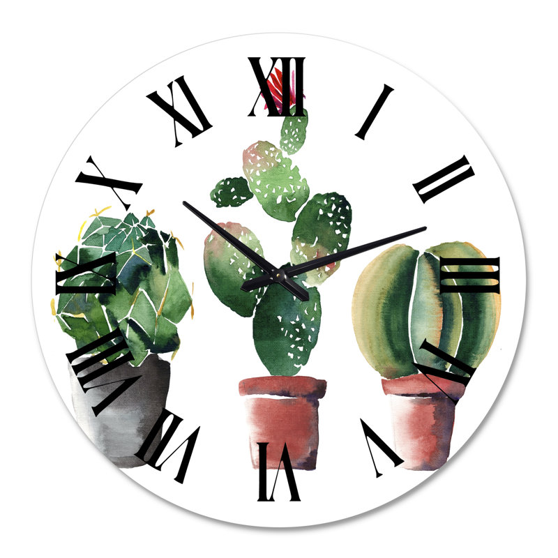 Trois cactus dans des pots en argile - horloge murale traditionnelle, Grand