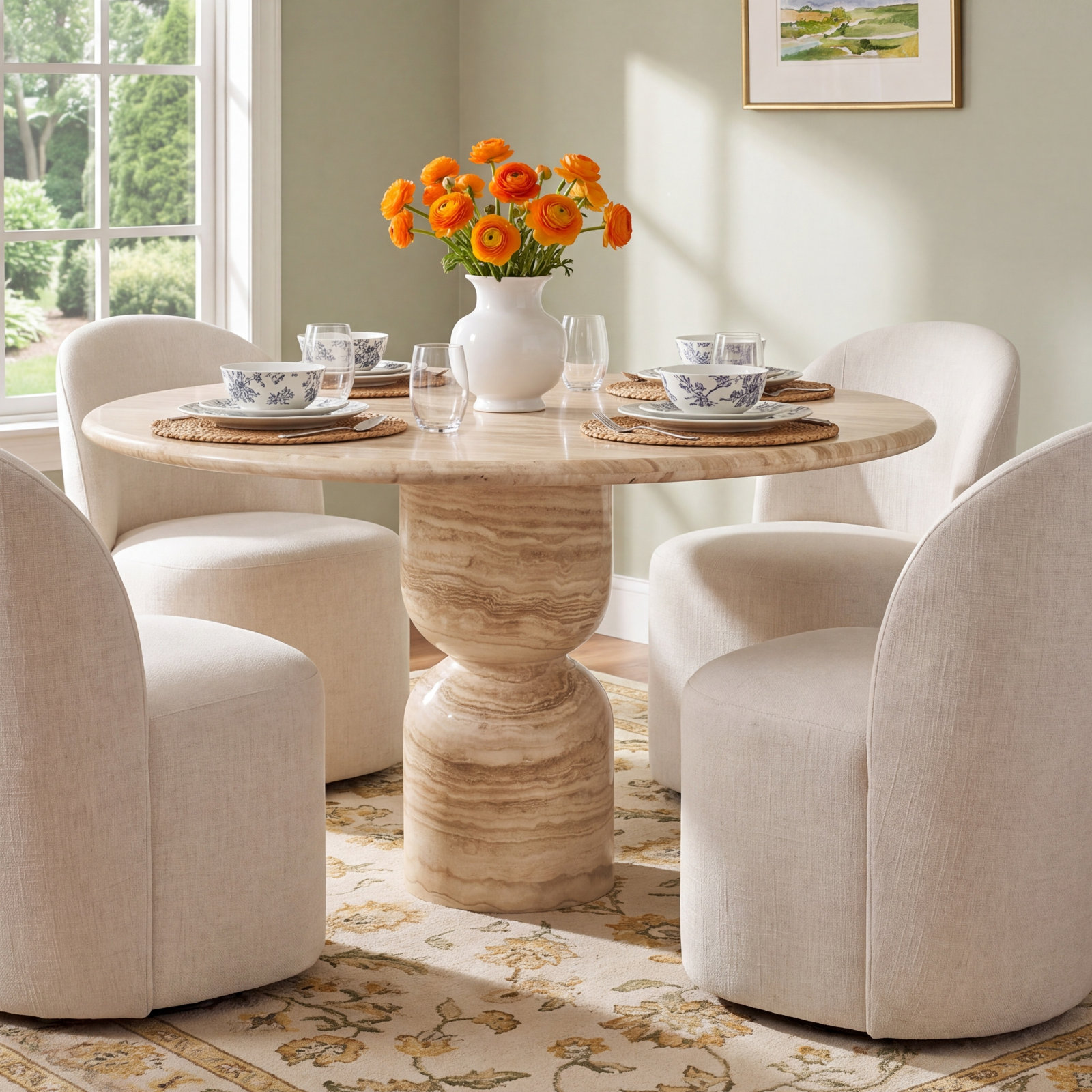 Figueroa Dining Table, 30" H x 42" W x 42" D, Light Beige Tavertine