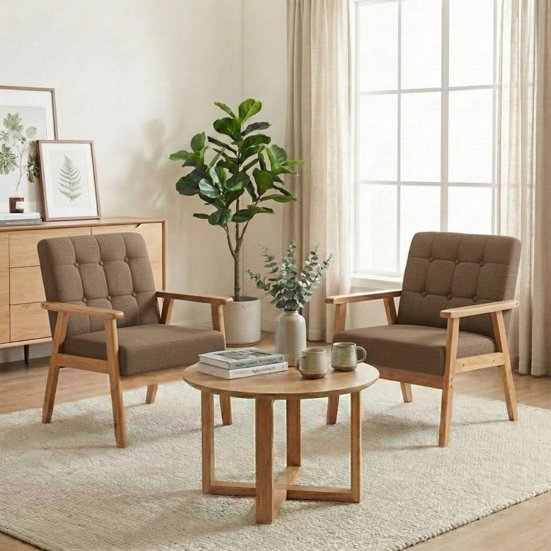 Fauteuil rembourré en bois massif de style nordique, Brun