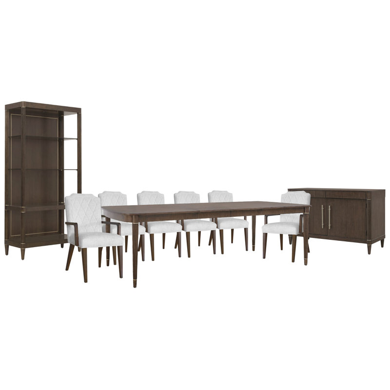Leg Dining Table With 6 Upholstered Arm Chairs Server And Etagere, 9 Pcs: Table, 6 Chairs, Server, Etagere