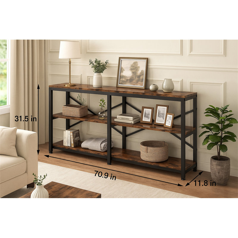 Console 70,9 pouces à 3 niveaux avec tablettes de rangement, Brun rustique