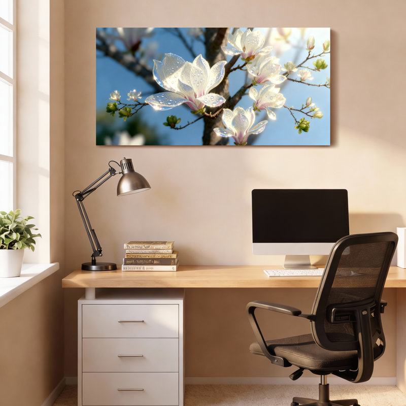 Ensemble de 1 tableau mural sur toile tendue représentant une fleur de magnolia, H 12 po x l 36 po