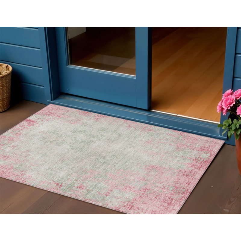 3' X 5' Pink And Ivory Abstract Washable Indoor Outdoor Area Rug
