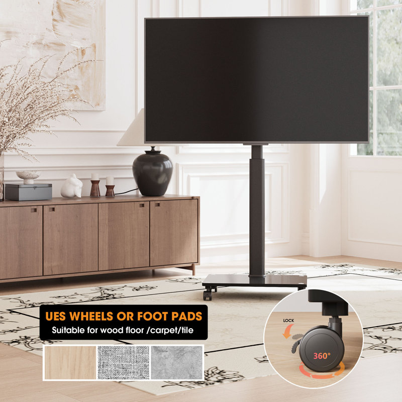 Meuble télé avec roulettes pour écran de 32 à 60 pouces, avec base en verre trempé noir, réglable en hauteur, peut supporter 66 lb
