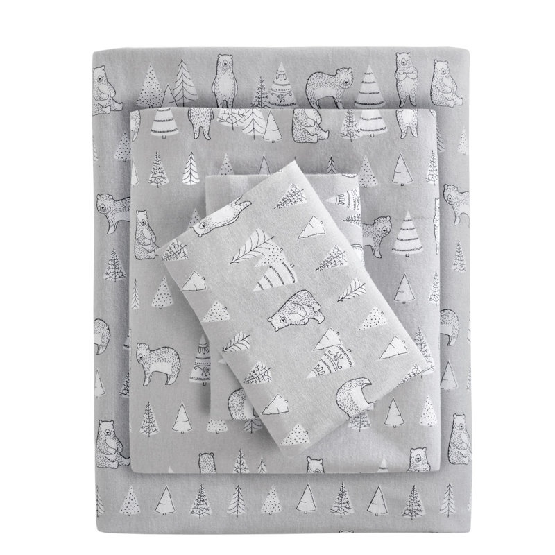California King Gray Skiers Cotton Flannel Sheet Set