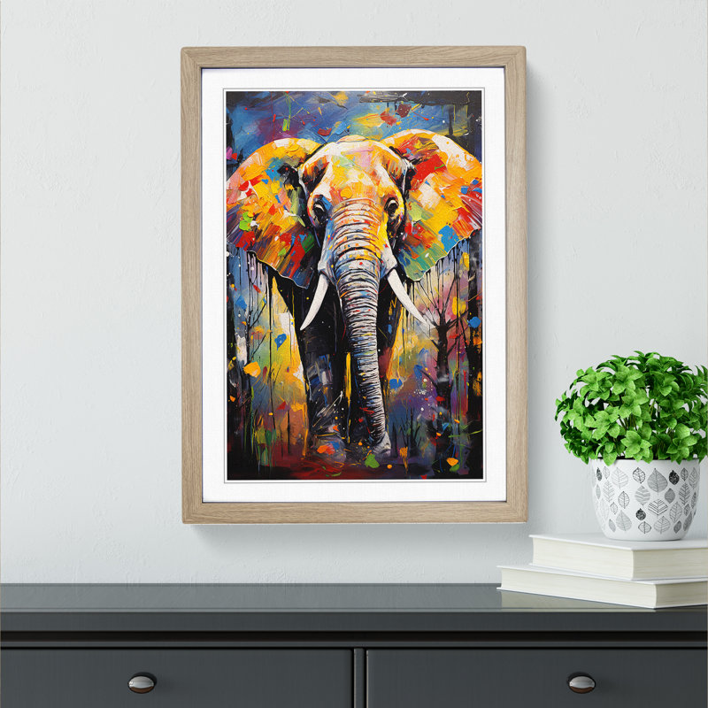 Elephant Expressionism No.3 - Single Picture Frame Print on Wood, 64cm H x 46cm W x 2cm D, Oak