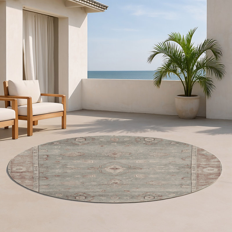 Overdyed Gray Indoor and Outdoor Area Rug, Round 5'