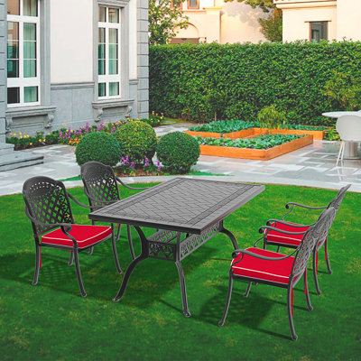 Ensemble de 7 pièces de mobilier de patio en aluminium coulé avec cadre et coussins de siège rouges